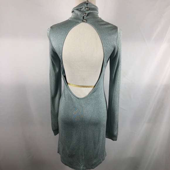 DuO Turtleneck Metallic Mint Open Back Mini Dress - Picture 4 of 9